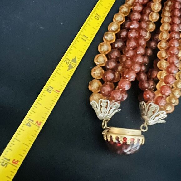 Vintage Chunky Amber Yellow Lucite Multi Strand Beaded Necklace Dome Box Clasp - Picture 15 of 16